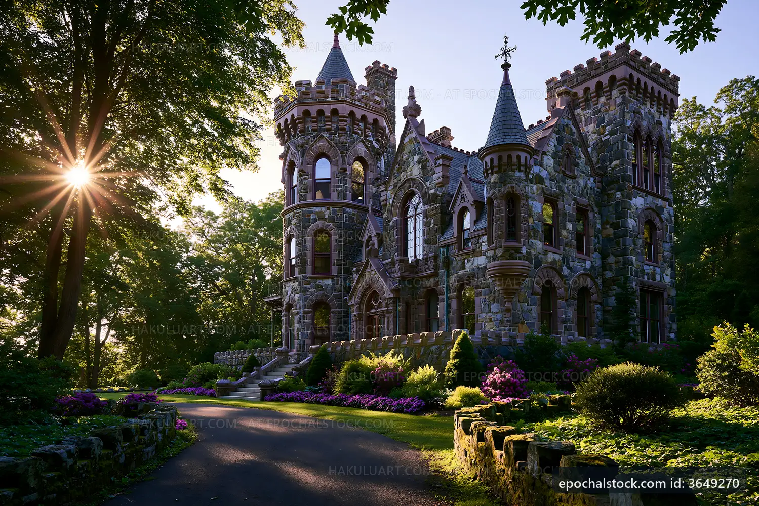Historic castle exterior with garden in sunlight