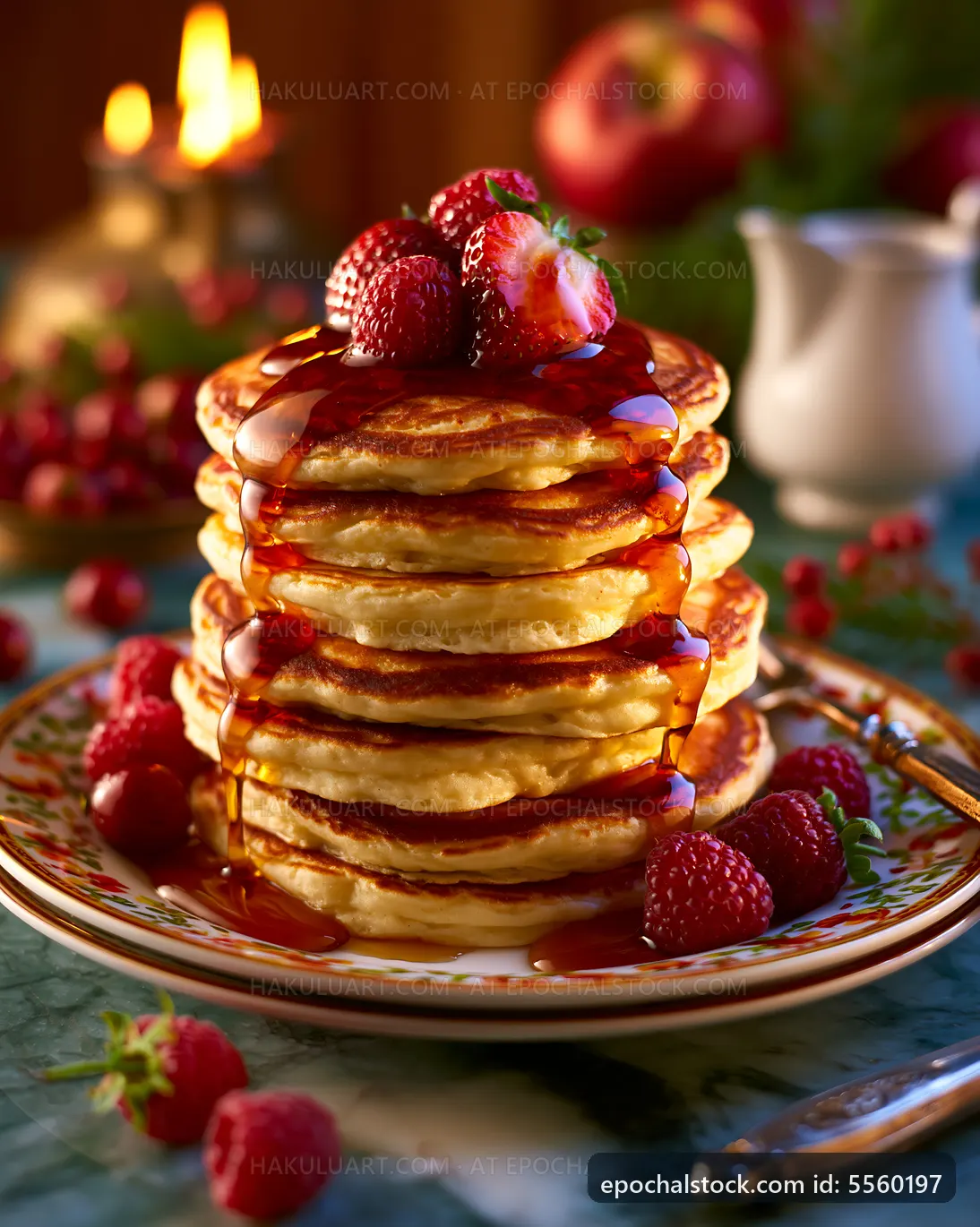Stack of pancakes topped with strawberries and raspberries