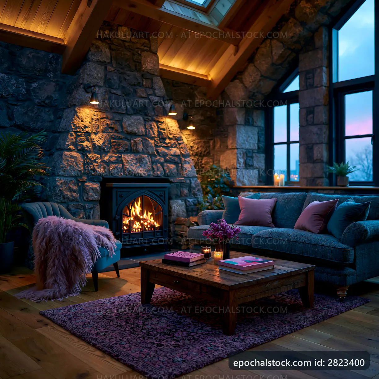 Cozy living room with stone walls and warm fireplace at dusk