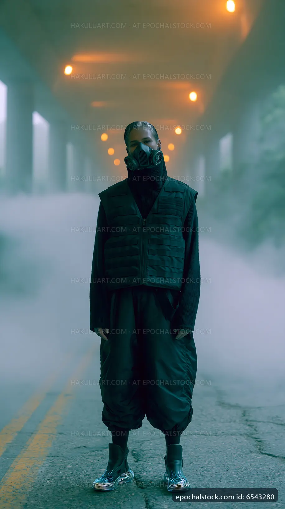 Person in protective gear standing on a foggy road