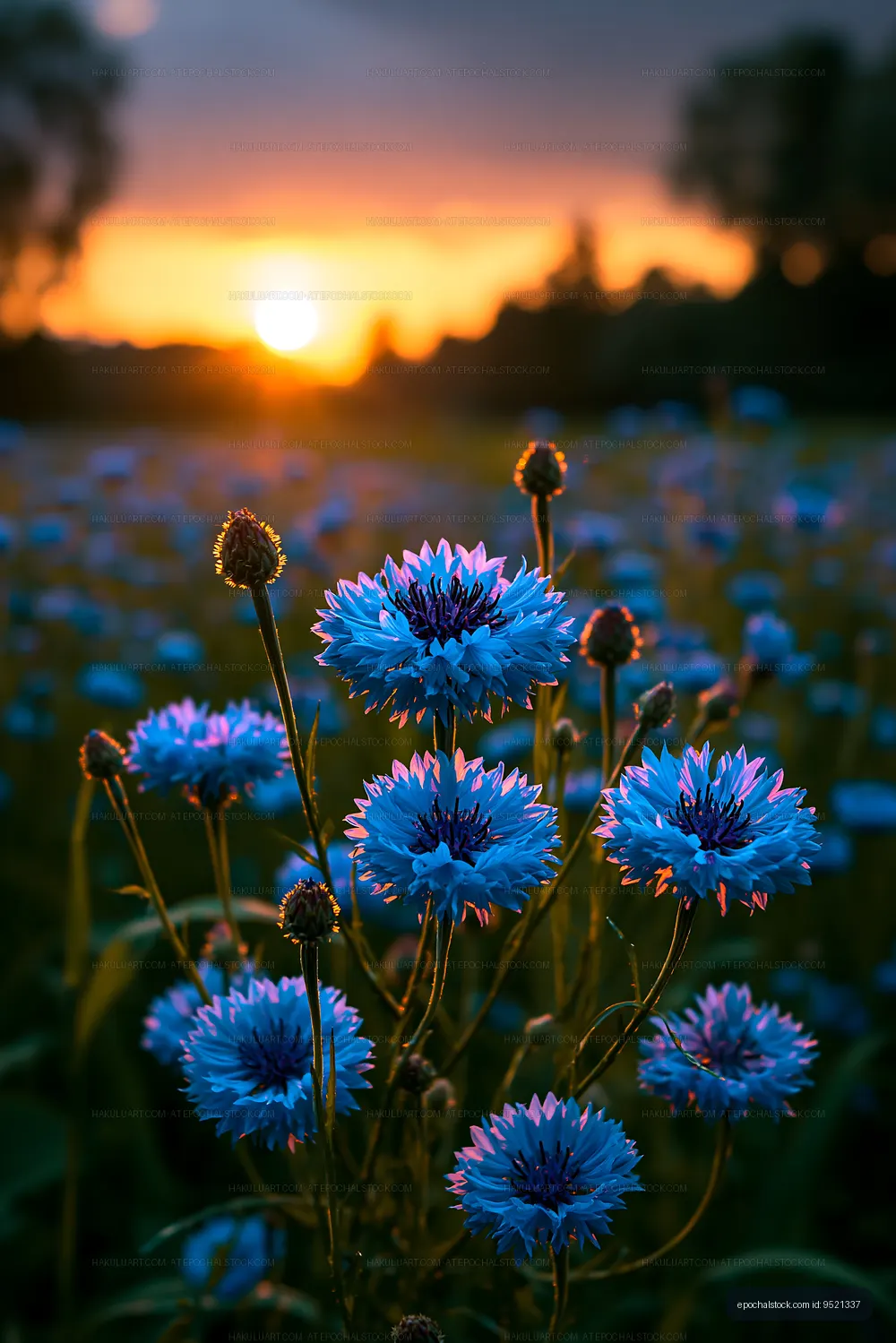 Bright blue flowers bloom in a field at sunset