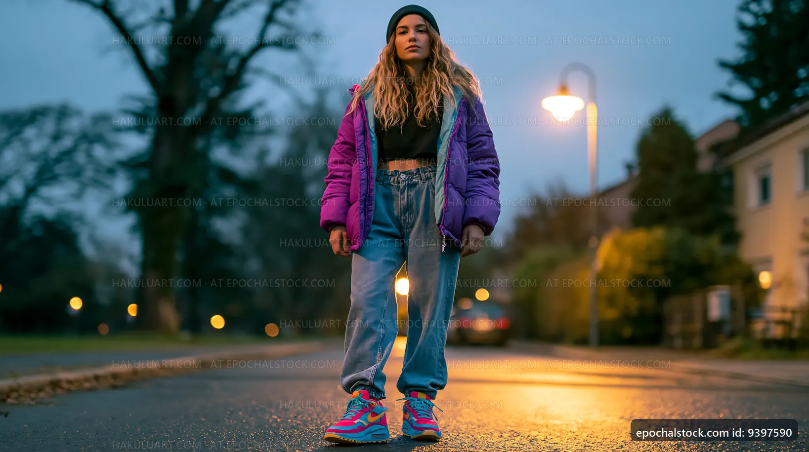 Young woman standing on street at dusk in colorful outfit