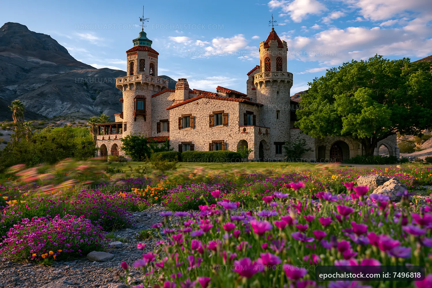 Castle with towers surrounded by flowers in a mountain landscape