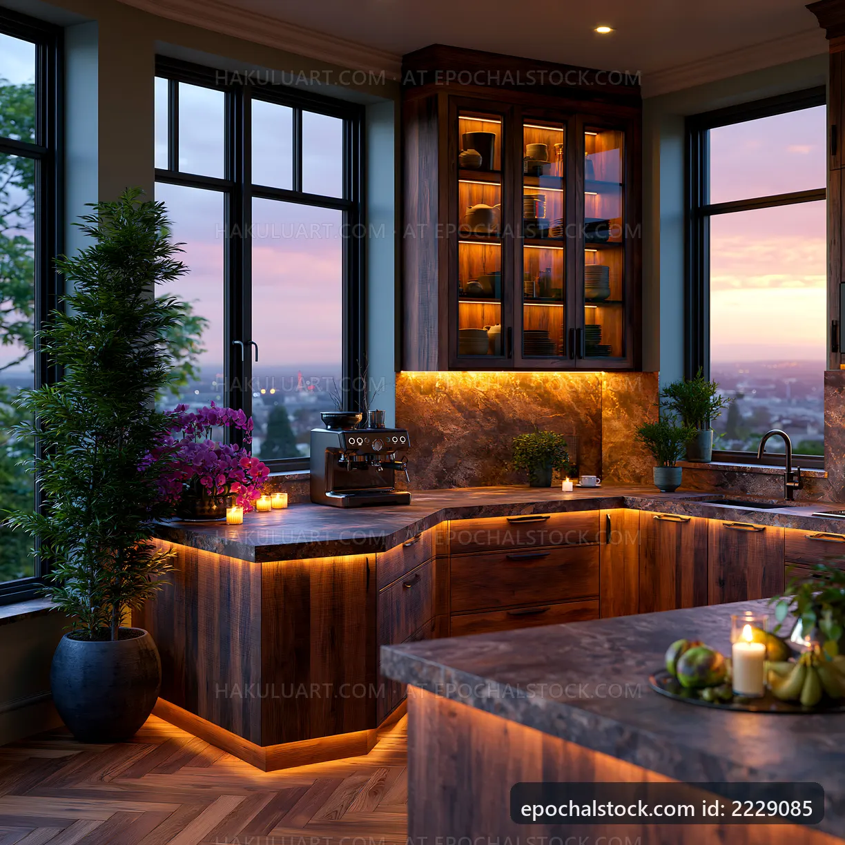 Cozy kitchen with sunset view and warm lighting