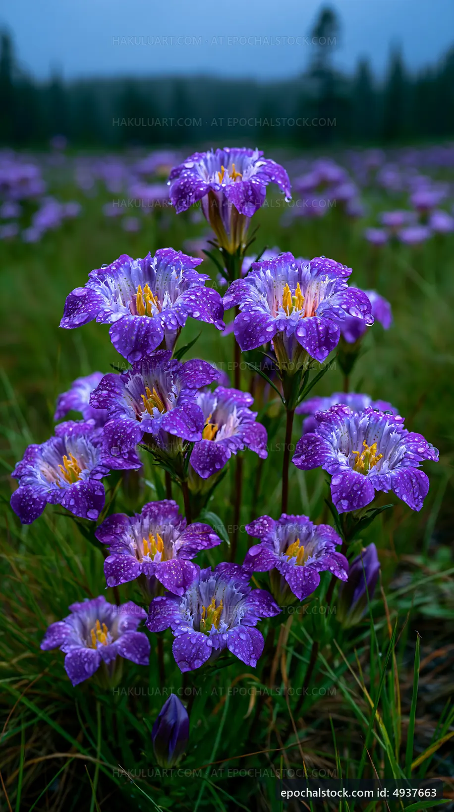 Purple flowers with raindrops in a green field