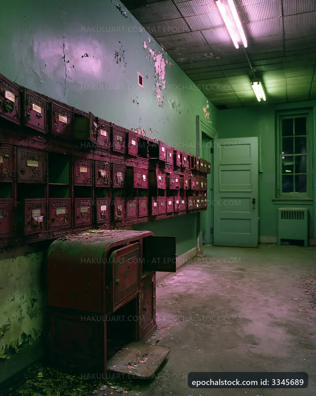 Old mailboxes in a deserted hallway of a building