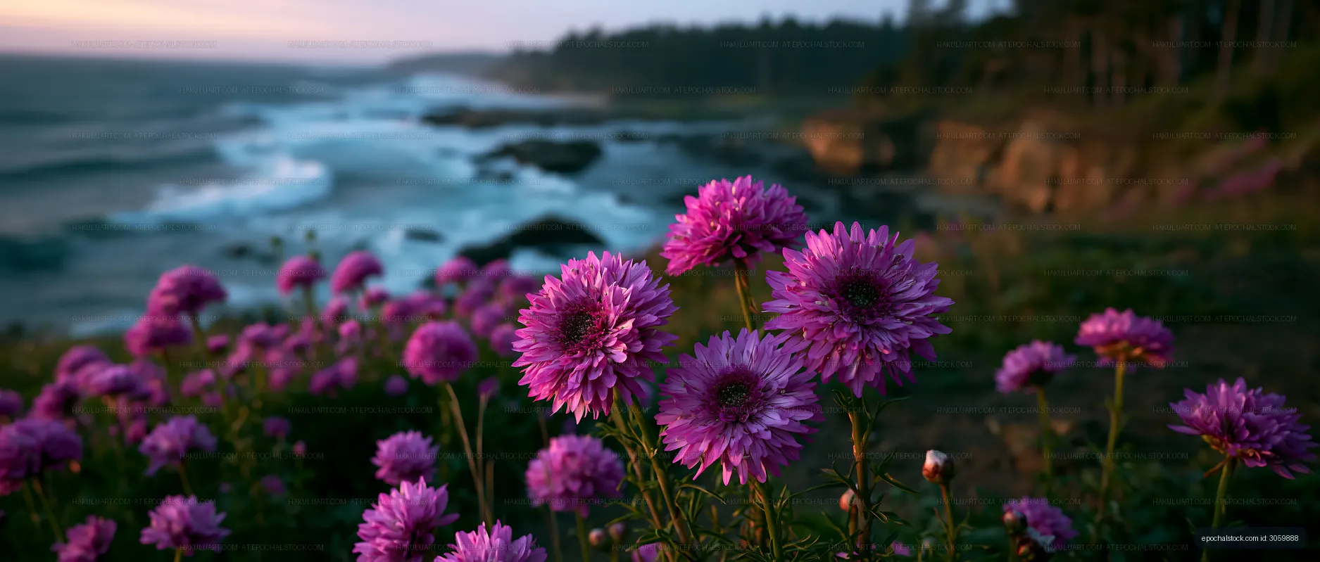 Flowers by the coast at sunset with ocean waves