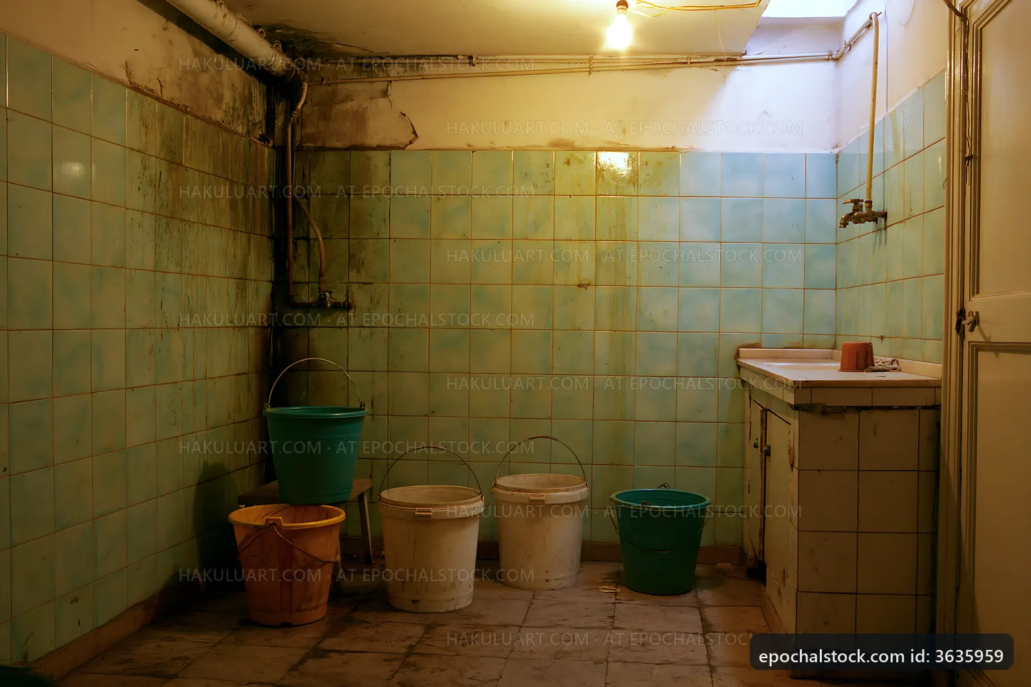 Old and worn bathroom with buckets in a tiled room