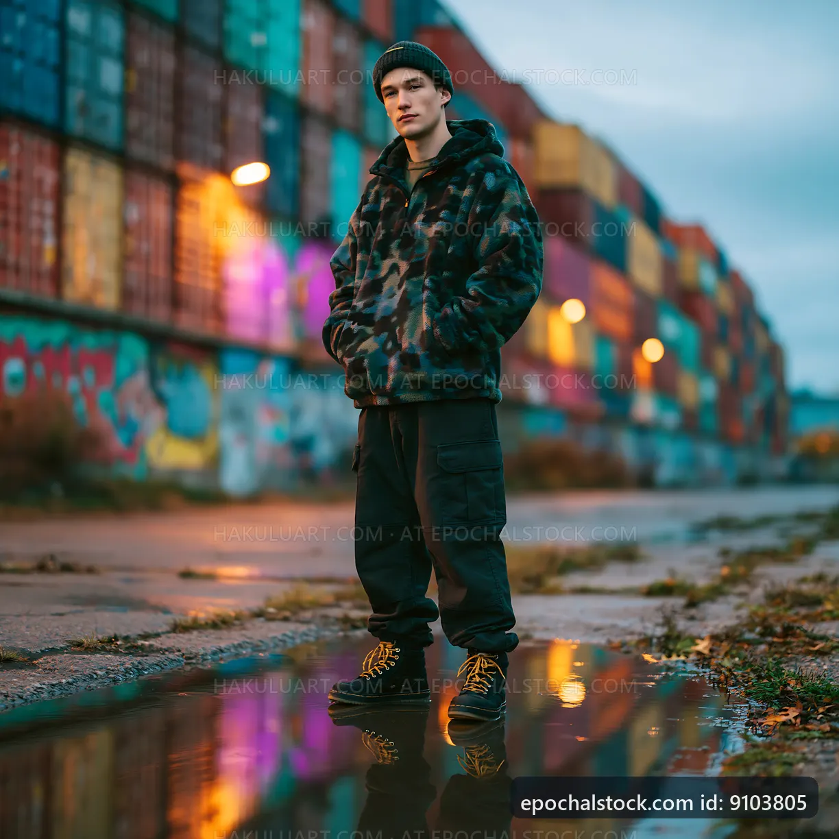 Young man standing near colorful shipping containers on a rainy day