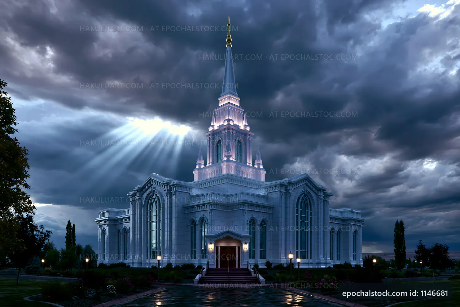 White church under dark clouds with rays of light