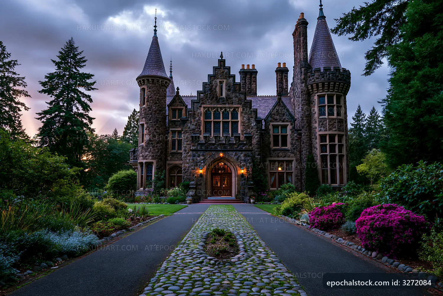 Historic stone castle with towers under cloudy sky
