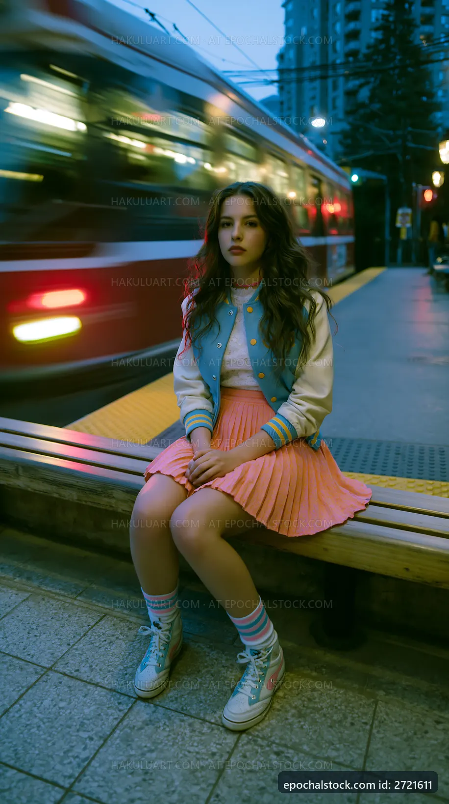 Young woman sitting on bench at train station during twilight