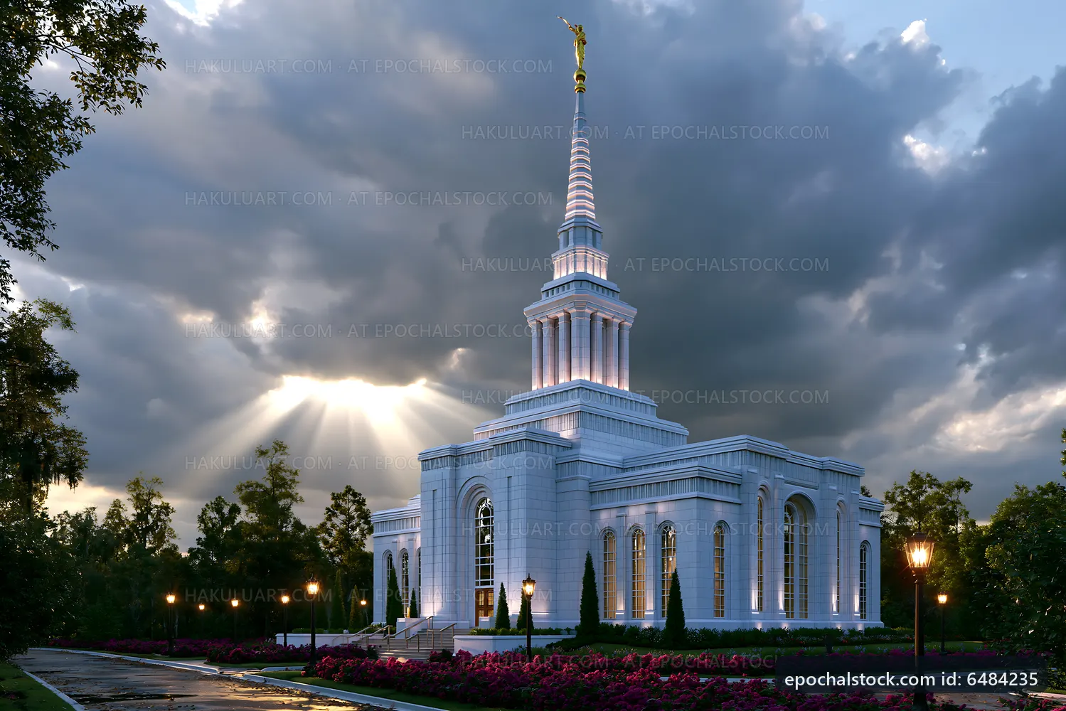Beautiful temple with bright lights under a cloudy sky