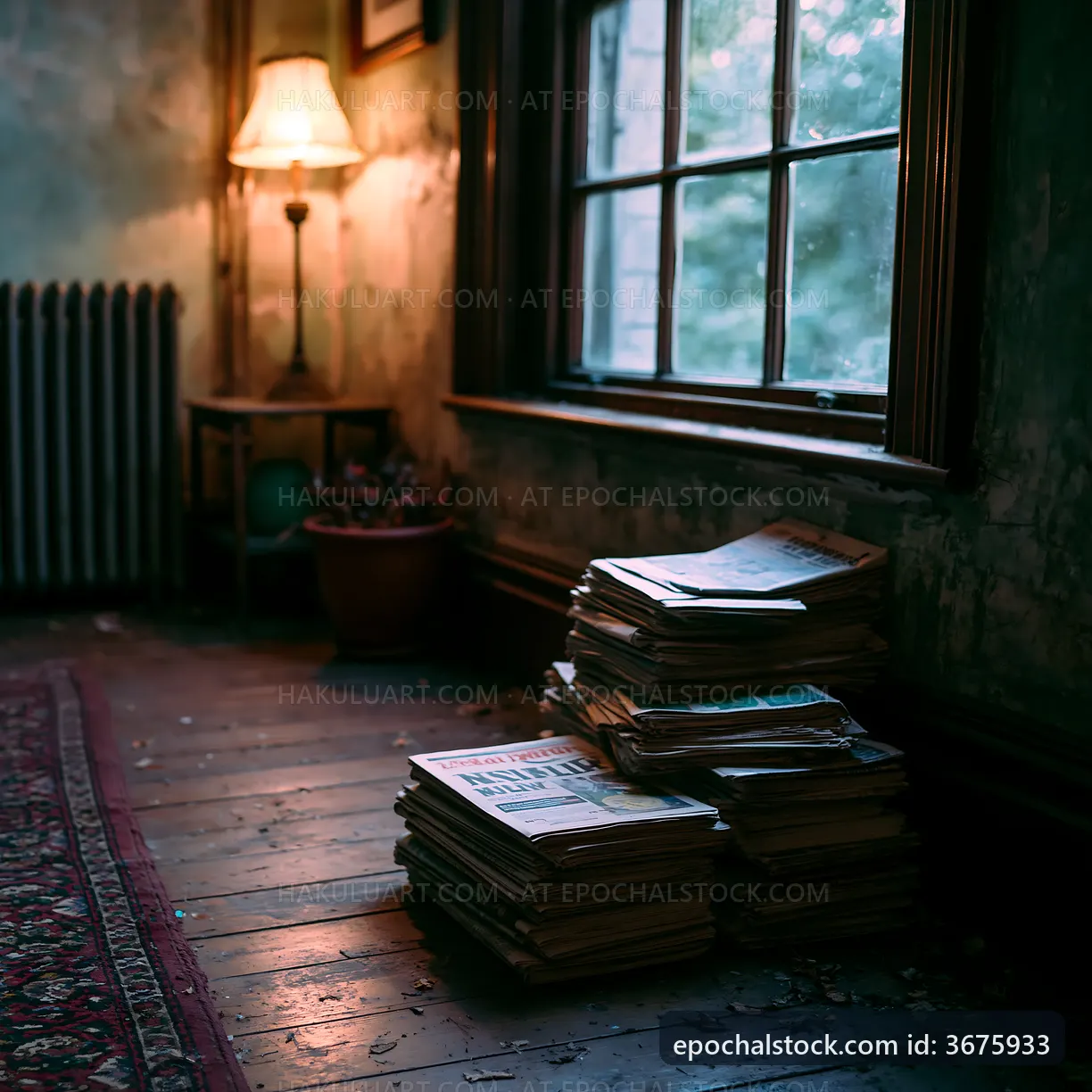 Old newspapers stacked in a dimly lit room with a lamp