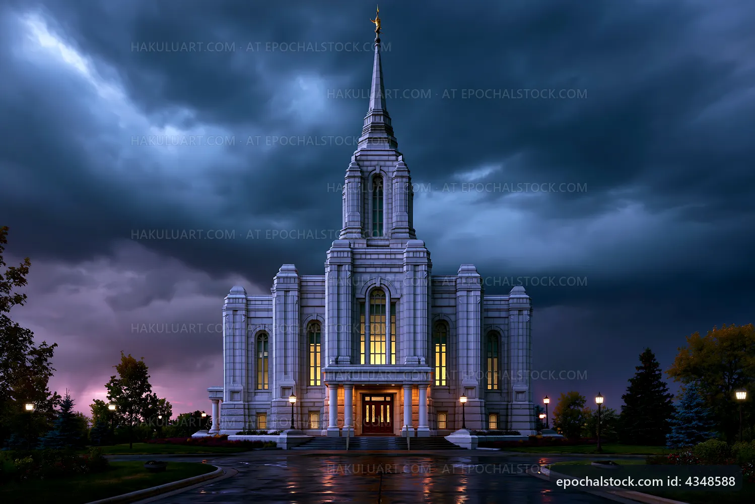 Church with steeple under dark stormy sky at dusk