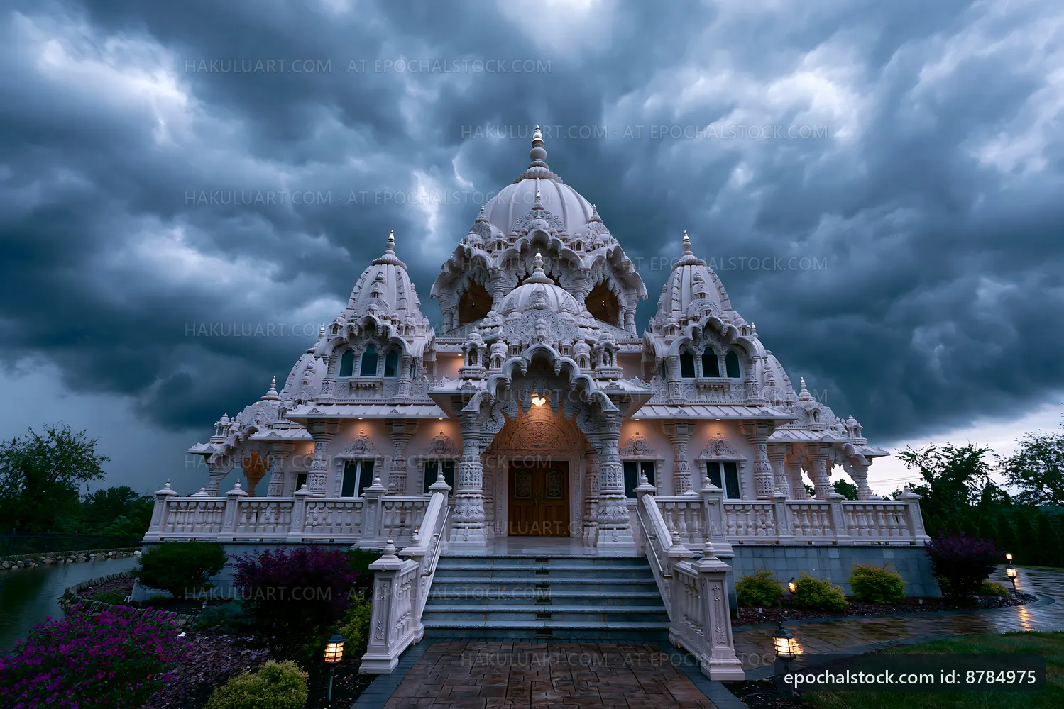 White temple under dark clouds with stormy sky