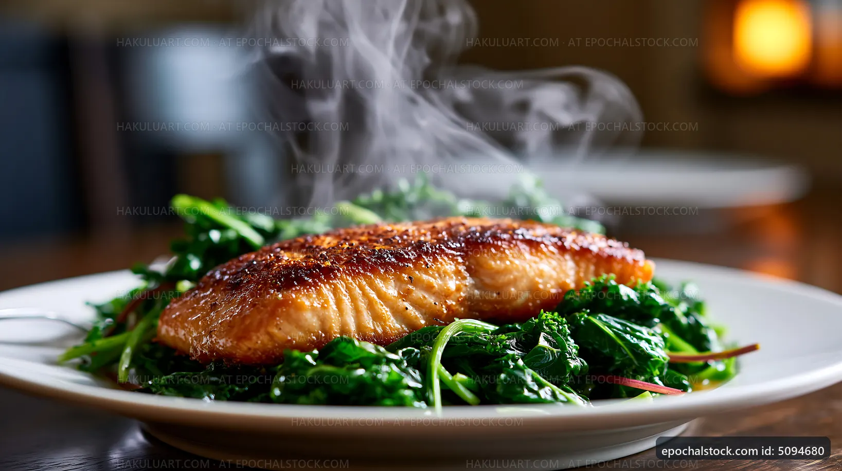 Smoked salmon served on a bed of fresh greens in restaurant