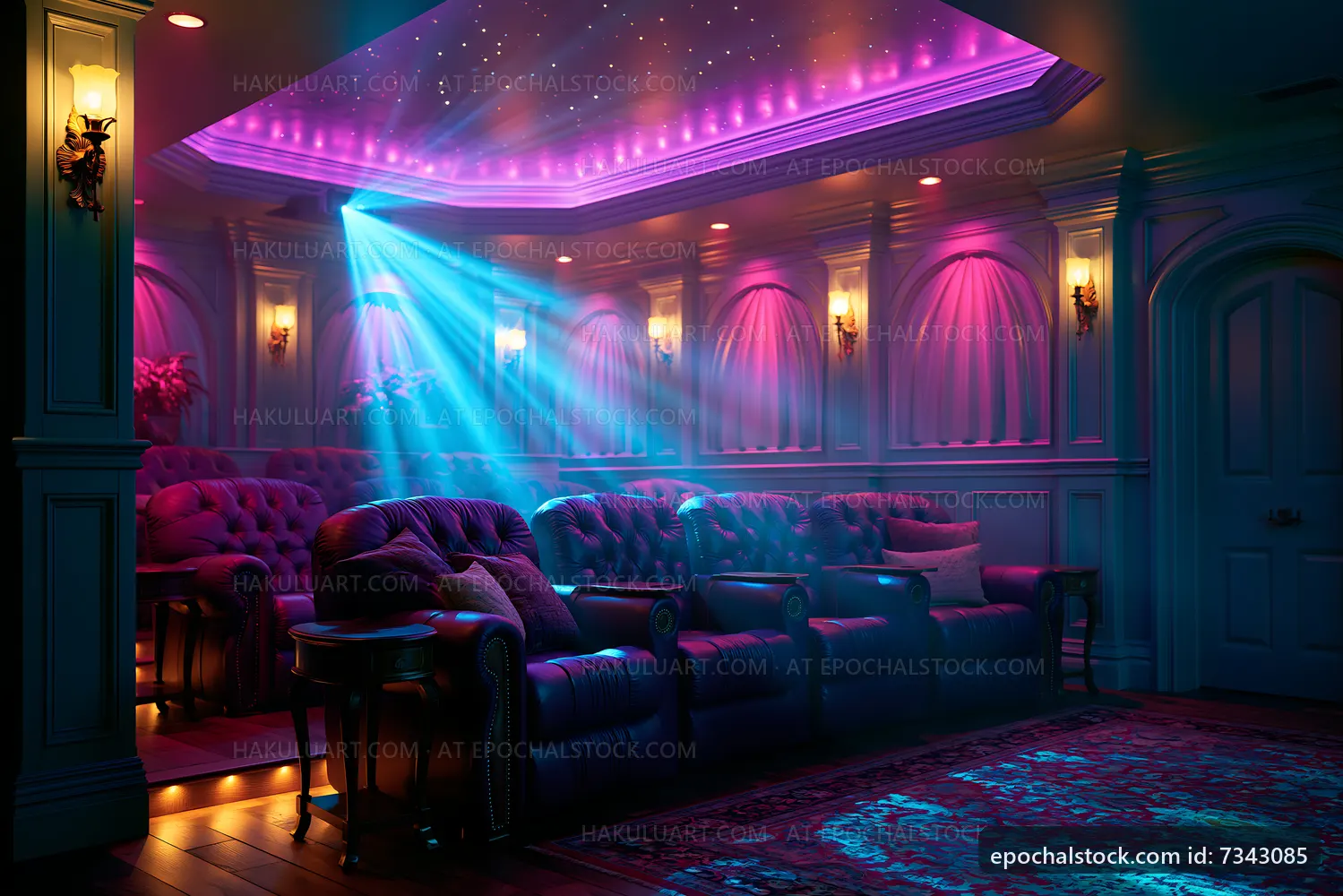 Home theater with colorful lighting and comfortable seating
