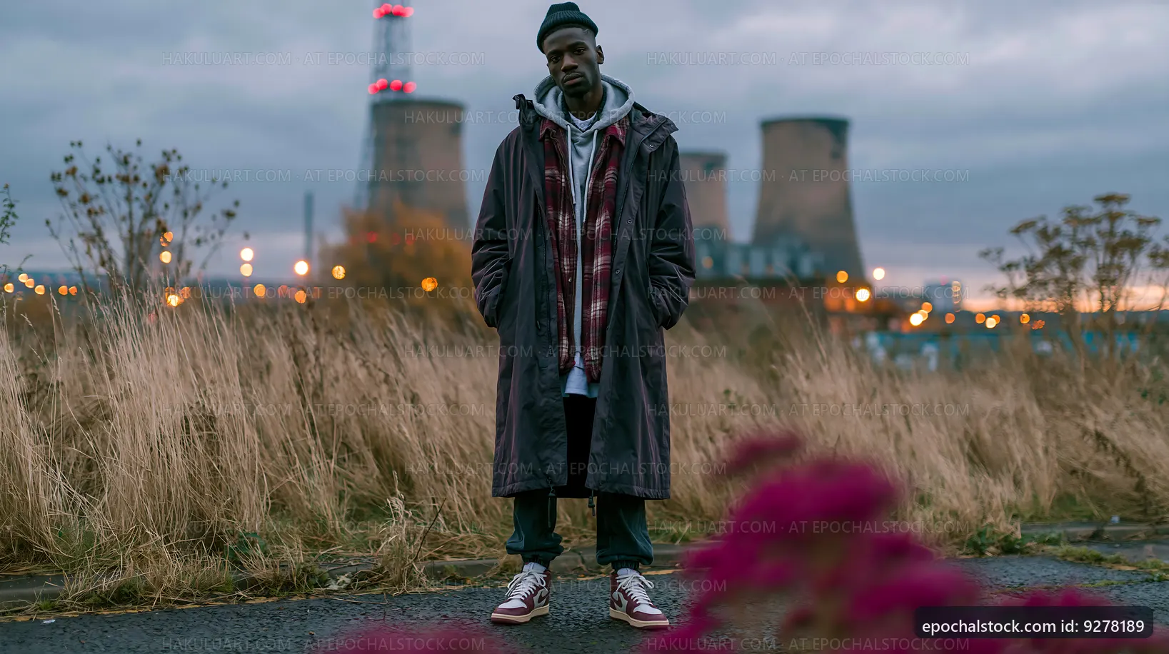 Man stands in urban area with power plant backdrop during dusk