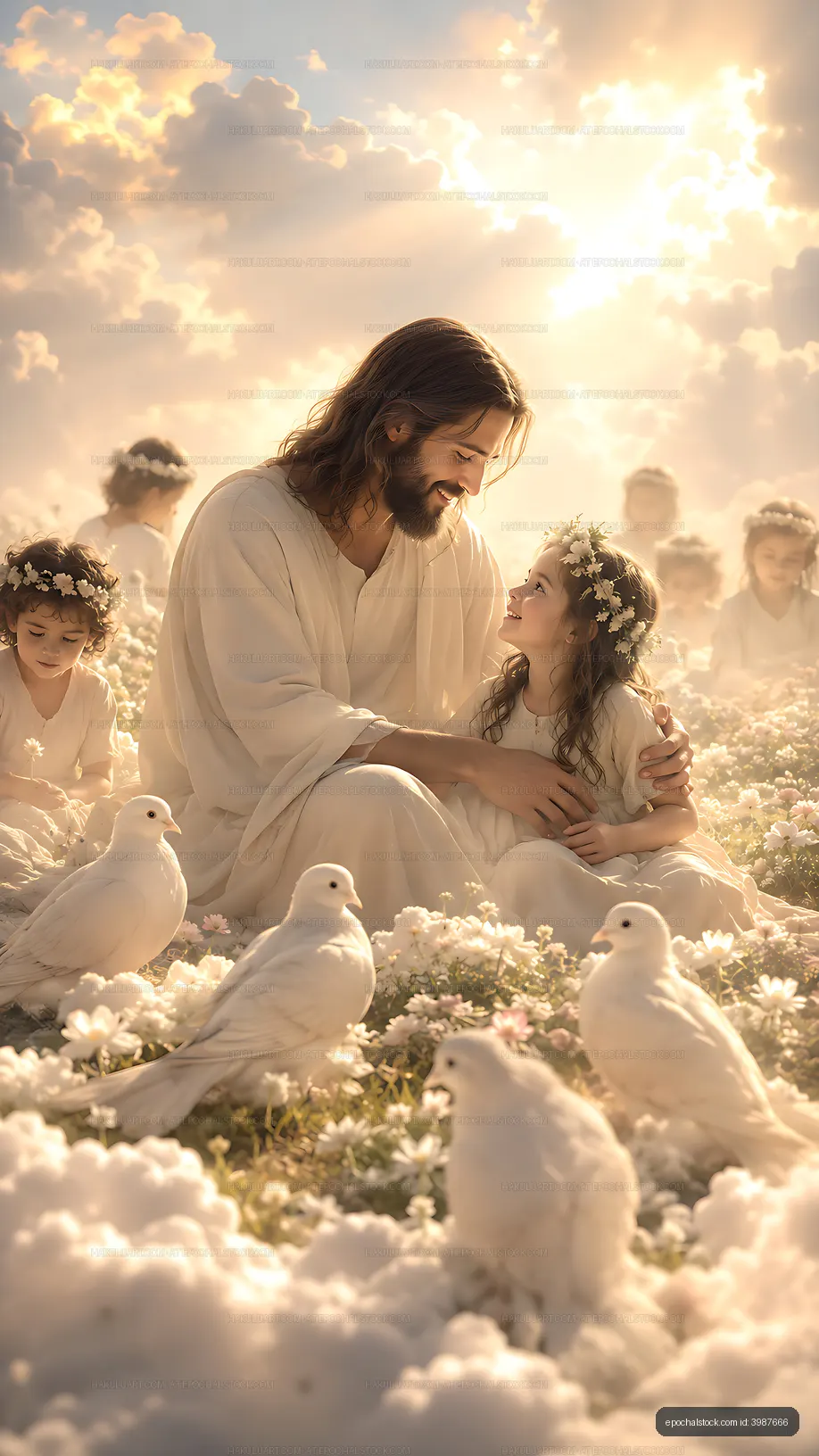Jesus with children in a field of flowers and doves