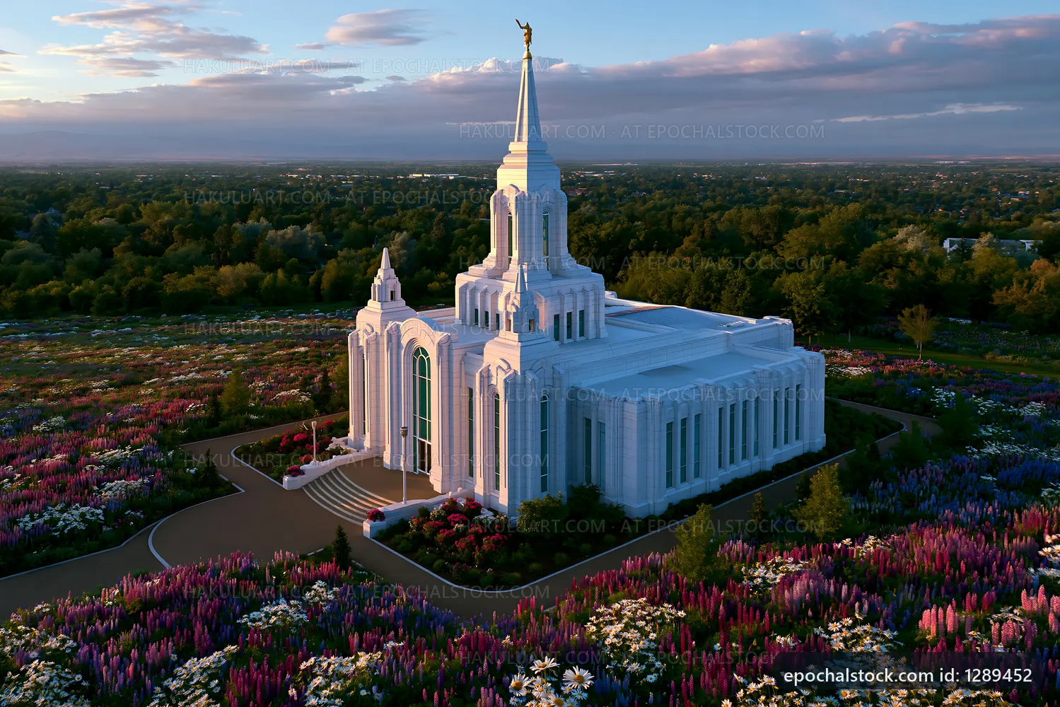 Beautiful temple surrounded by colorful flowers in a garden