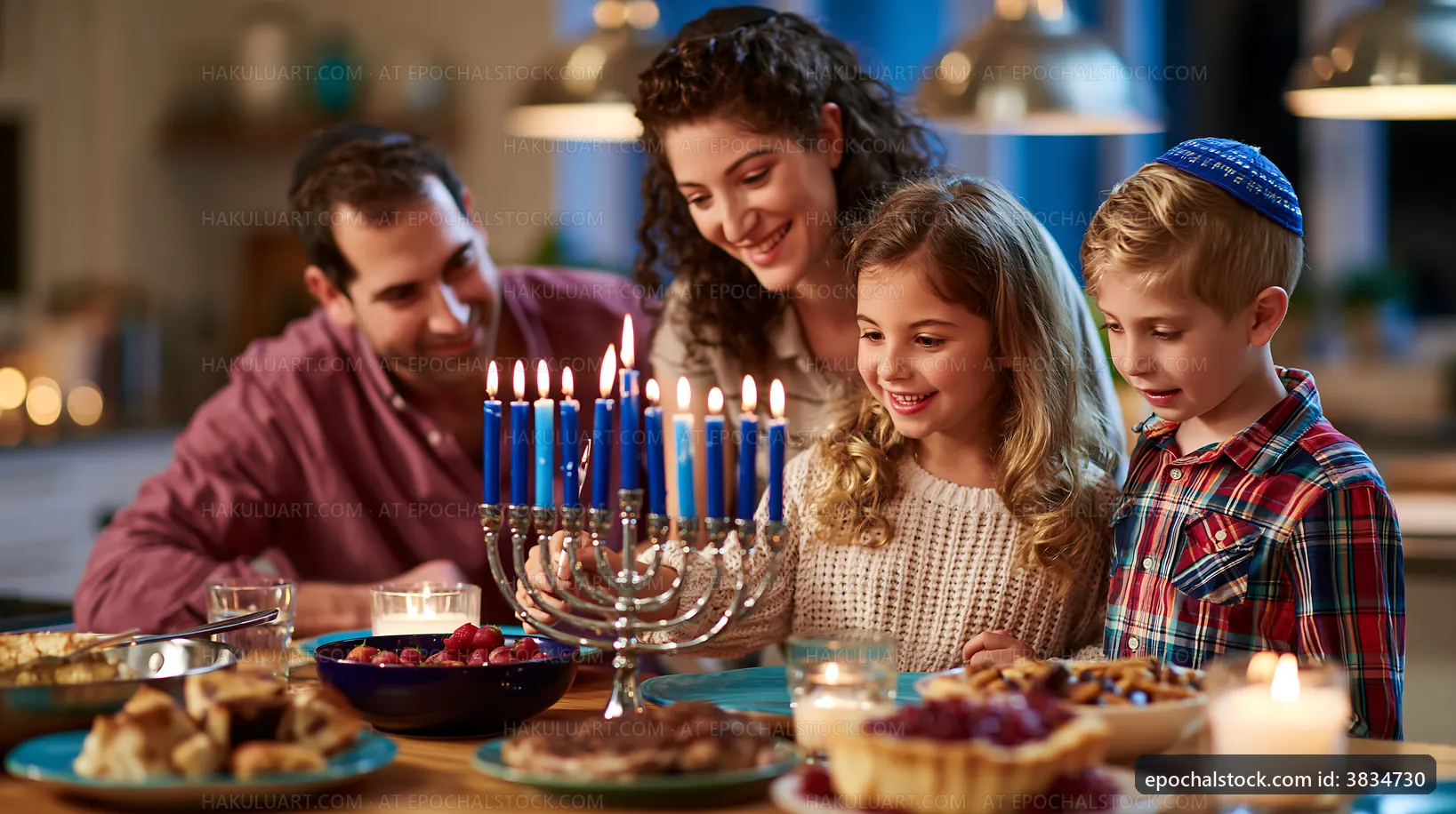 Family gathers around table to celebrate with menorah candles