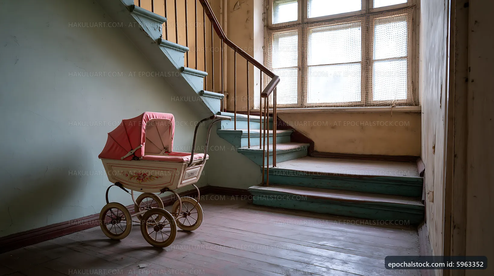 Old baby stroller in an empty staircase area