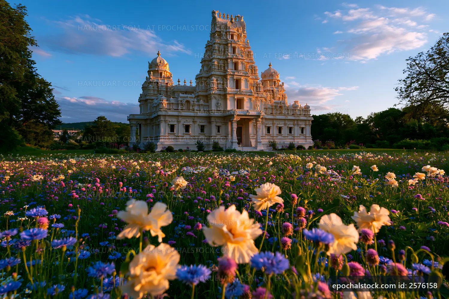 Temple surrounded by flowers at sunset