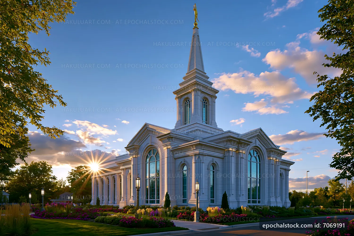 Church building under sunset sky with colorful clouds