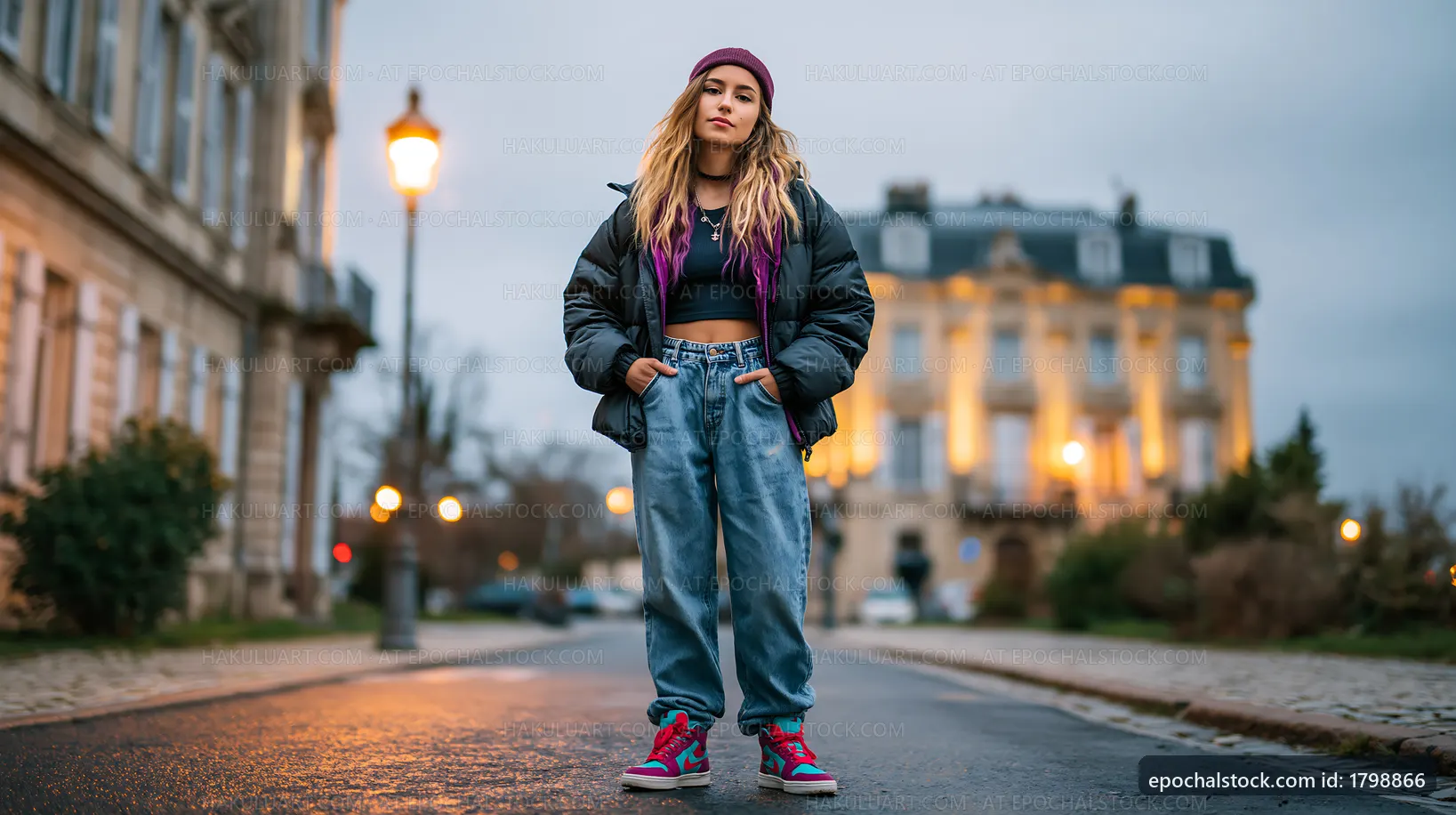 Young woman posing on a street during twilight in an urban area
