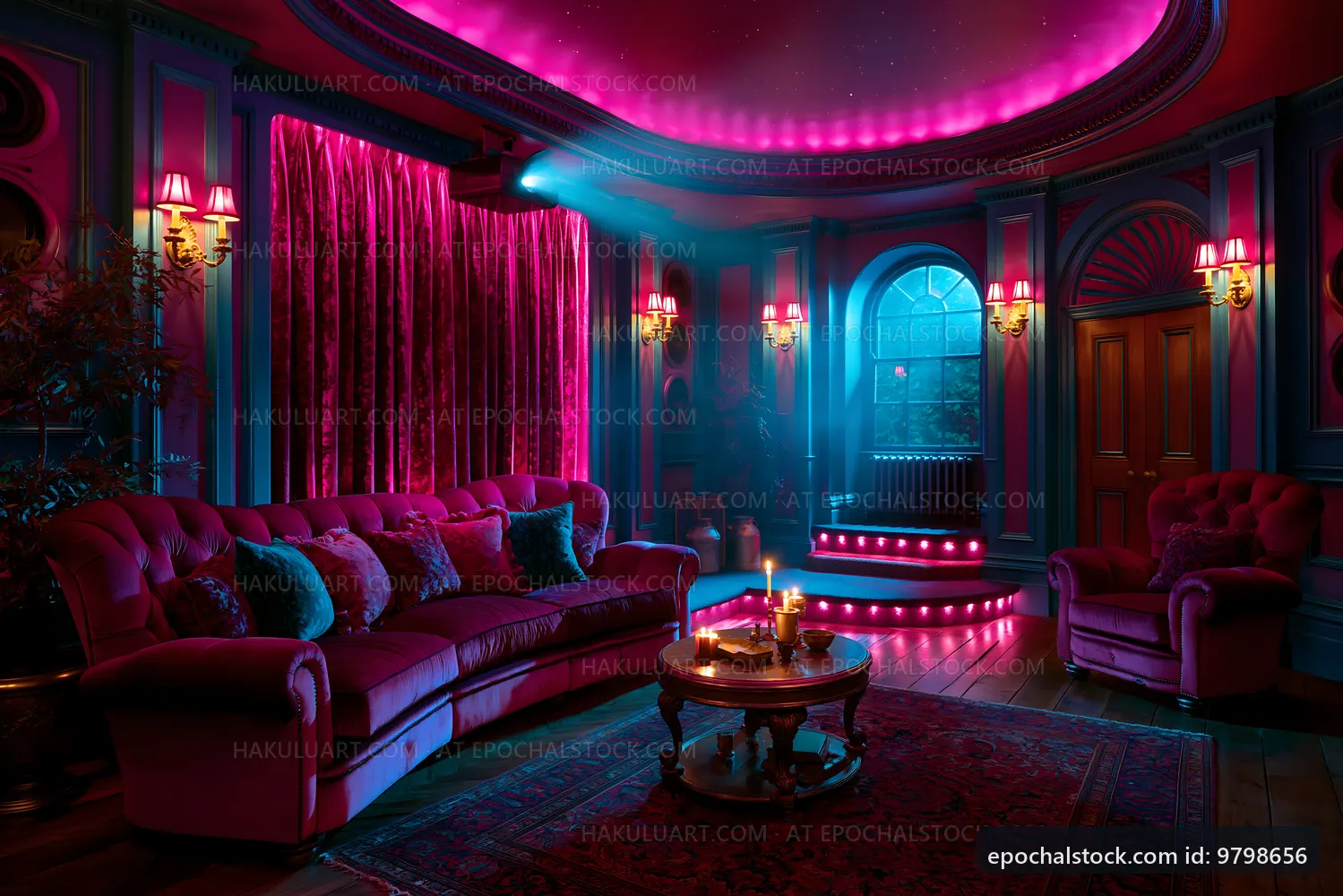 Cozy living room with colorful lights and a warm atmosphere