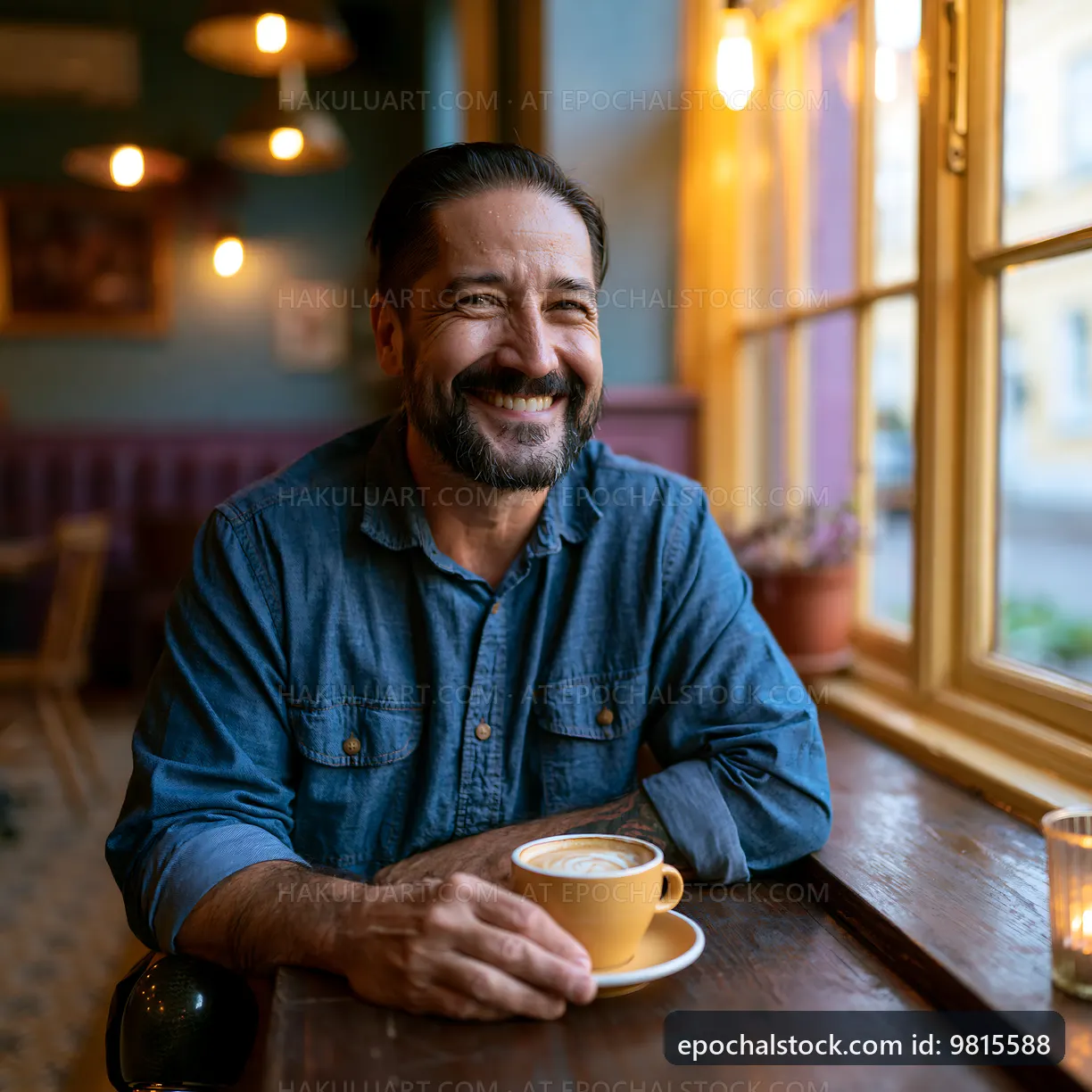 Man enjoying coffee in a cozy cafe by the window