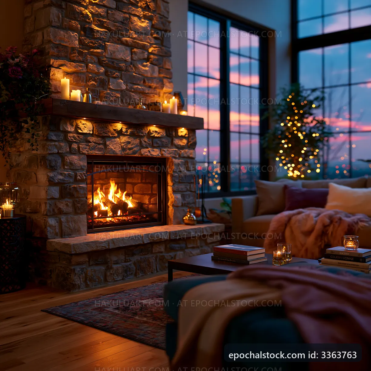 Cozy living room with fireplace and sunset view