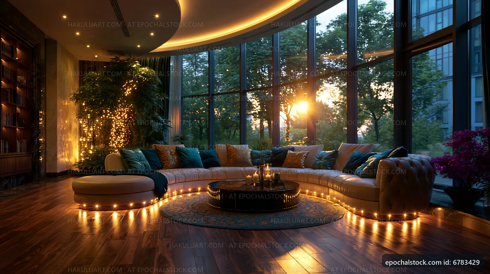 Modern lounge area with sunset view and cozy seating