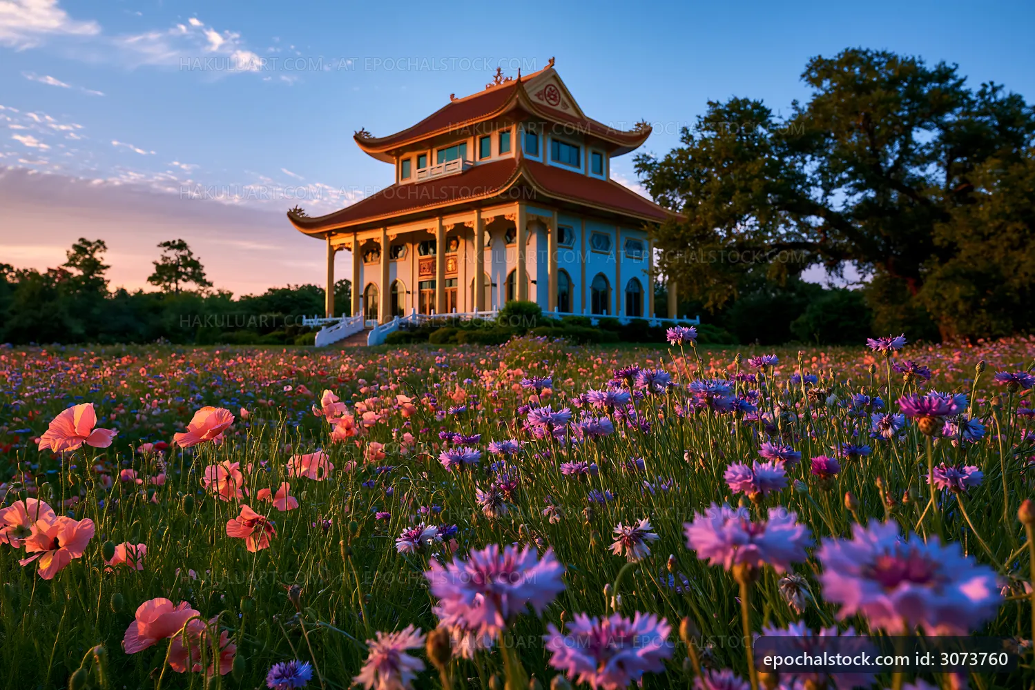 Colorful flowers surround a traditional building at sunset