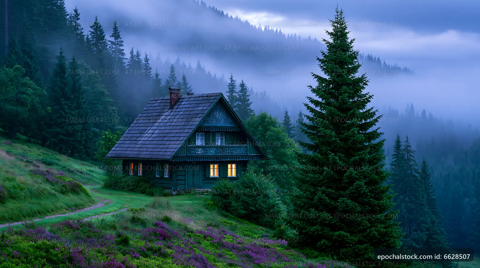 Foggy forest house at dusk near a pathway and tall trees