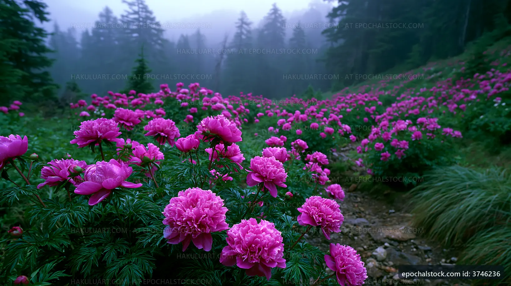 Vibrant pink flowers blooming in a misty forest