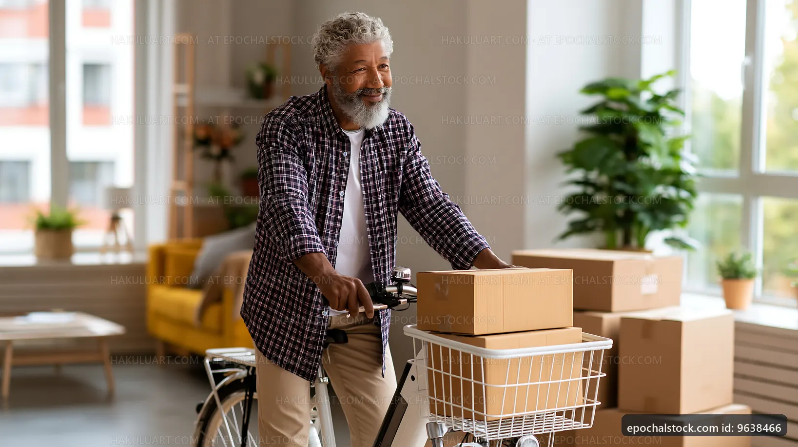 Senior man delivering packages using a bicycle in a room