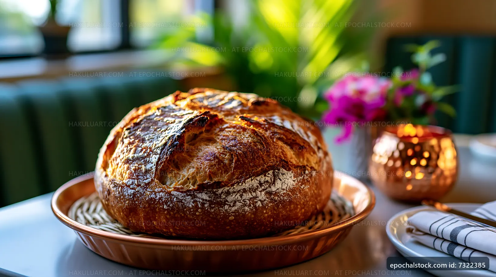 Freshly baked round bread on a table in a cafe setting
