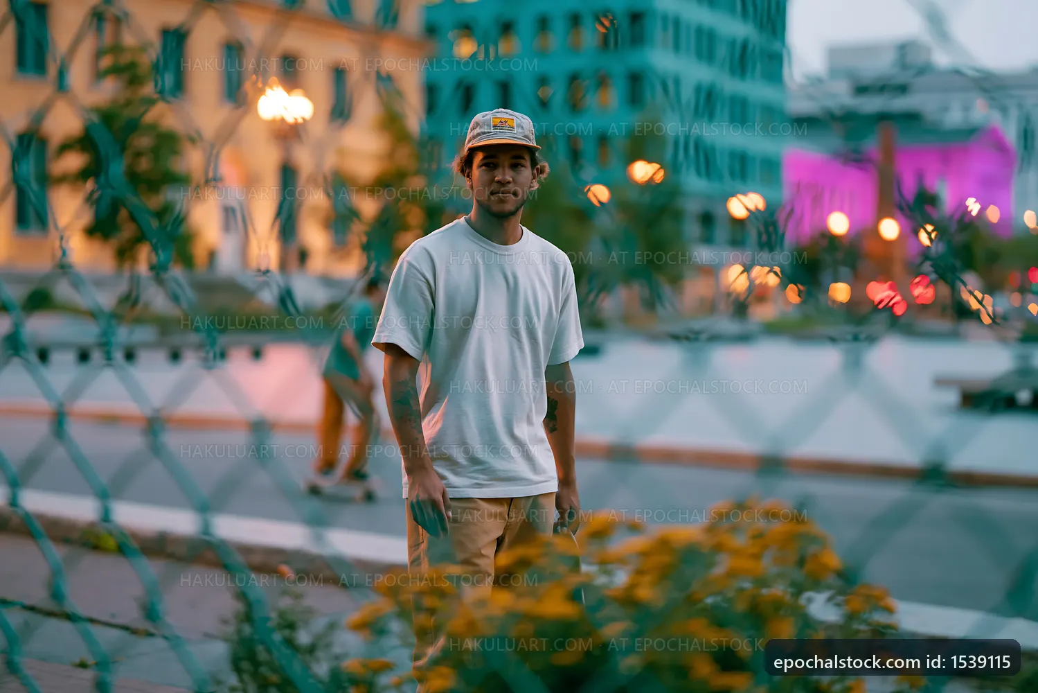 Man standing in an urban area near a fence in the evening