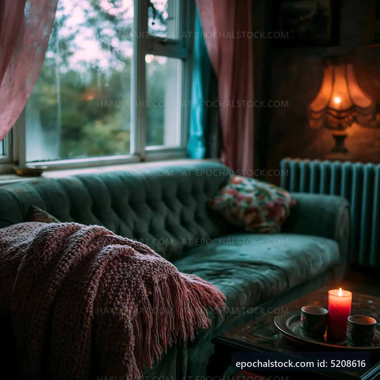 Cozy living room with candlelight and soft textiles