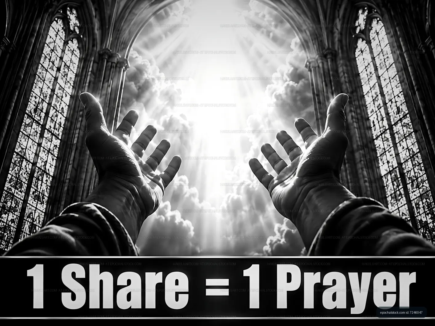 Hands raised in prayer with light shining through stained glass
