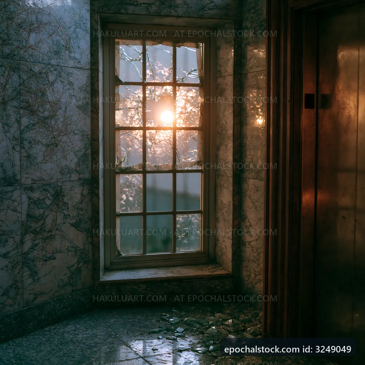Sunlight shines through a broken window in a marble hallway