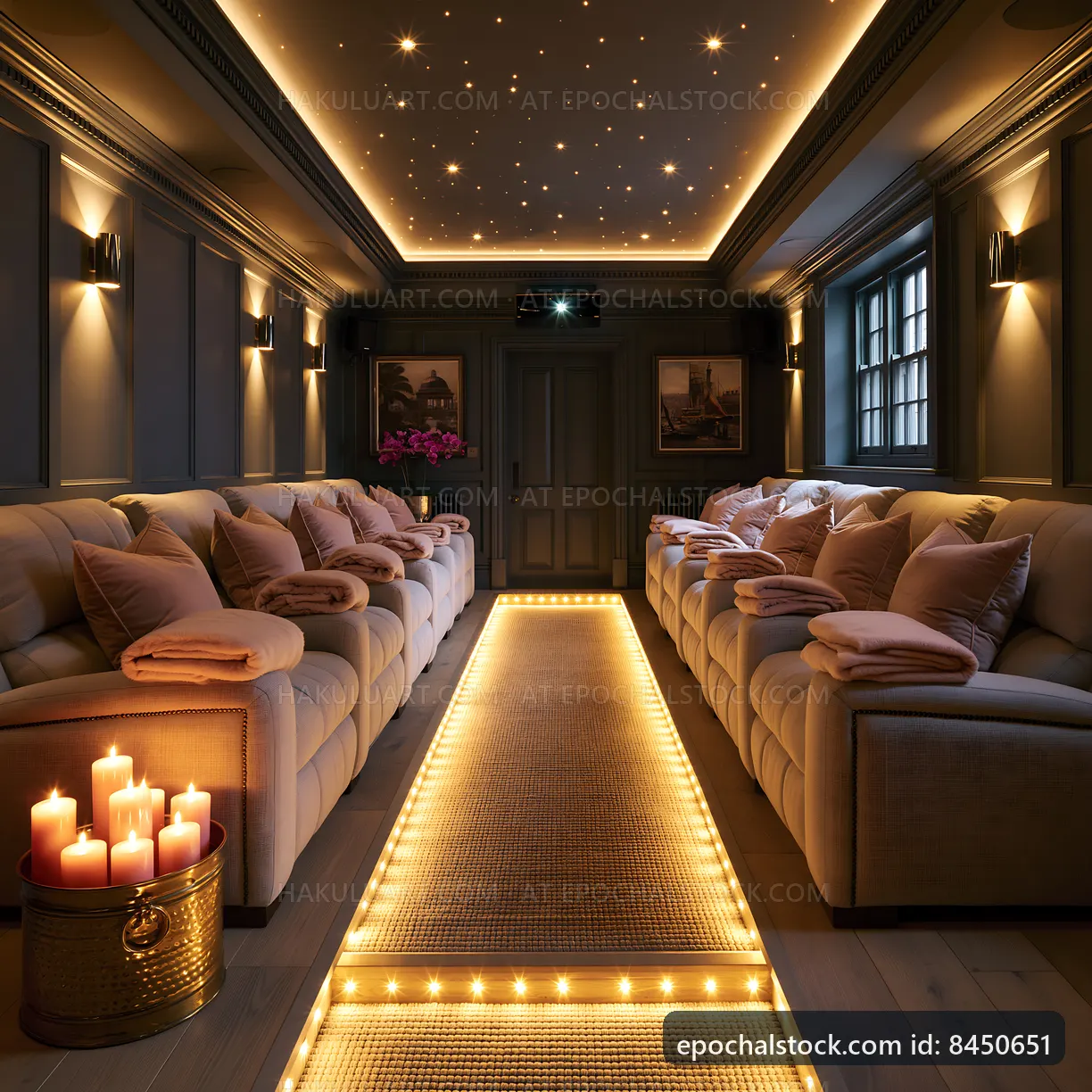 Cozy home theater with soft lighting and comfortable seating