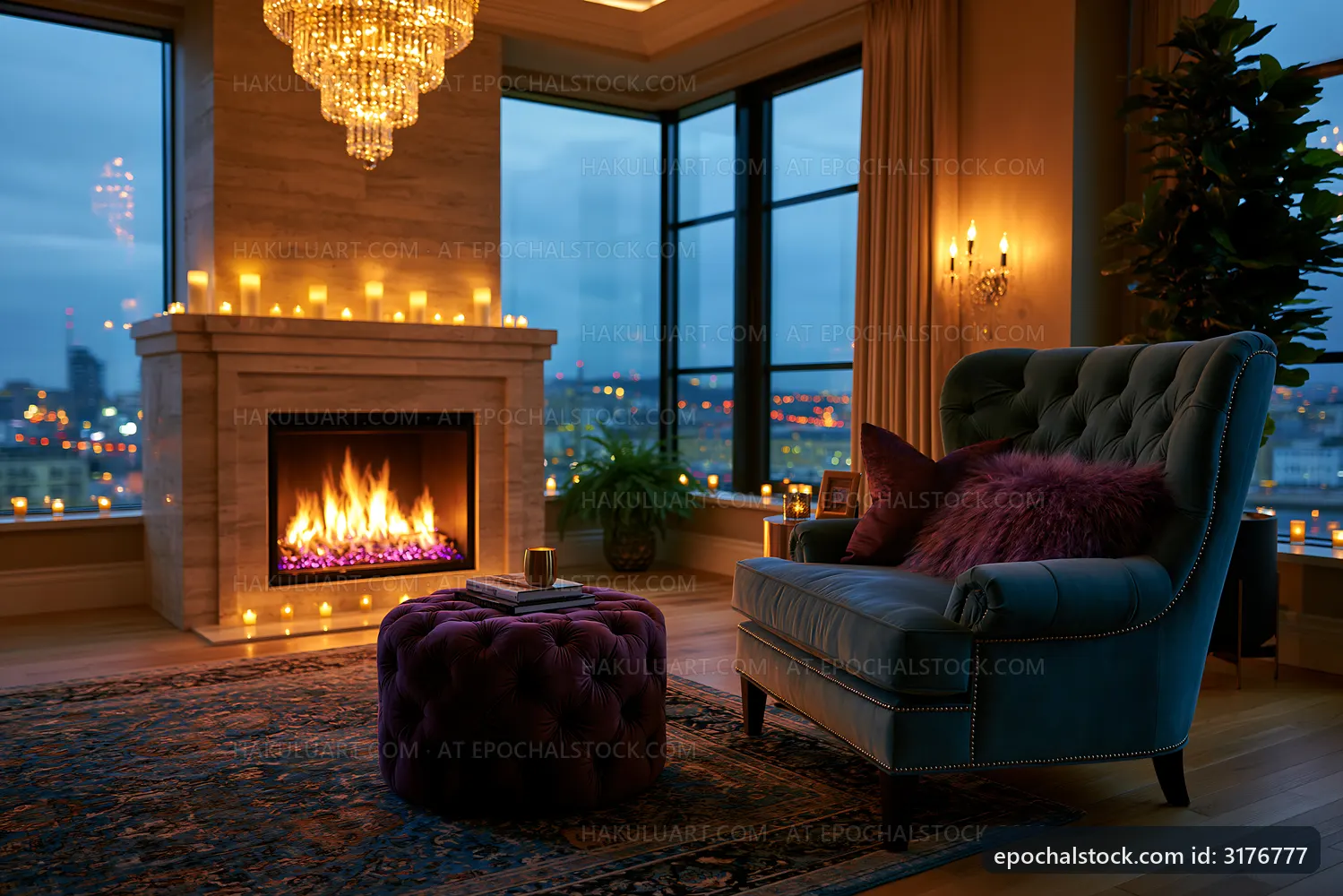 Cozy living room with a fireplace and city view at dusk