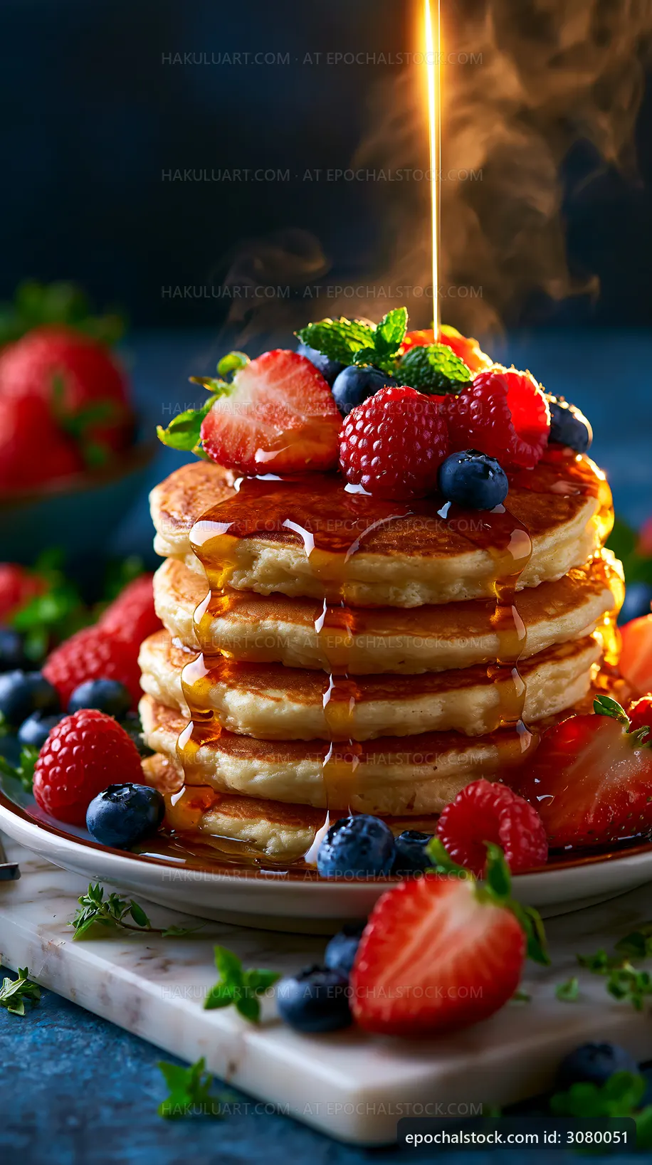 Stack of pancakes topped with fresh berries and syrup