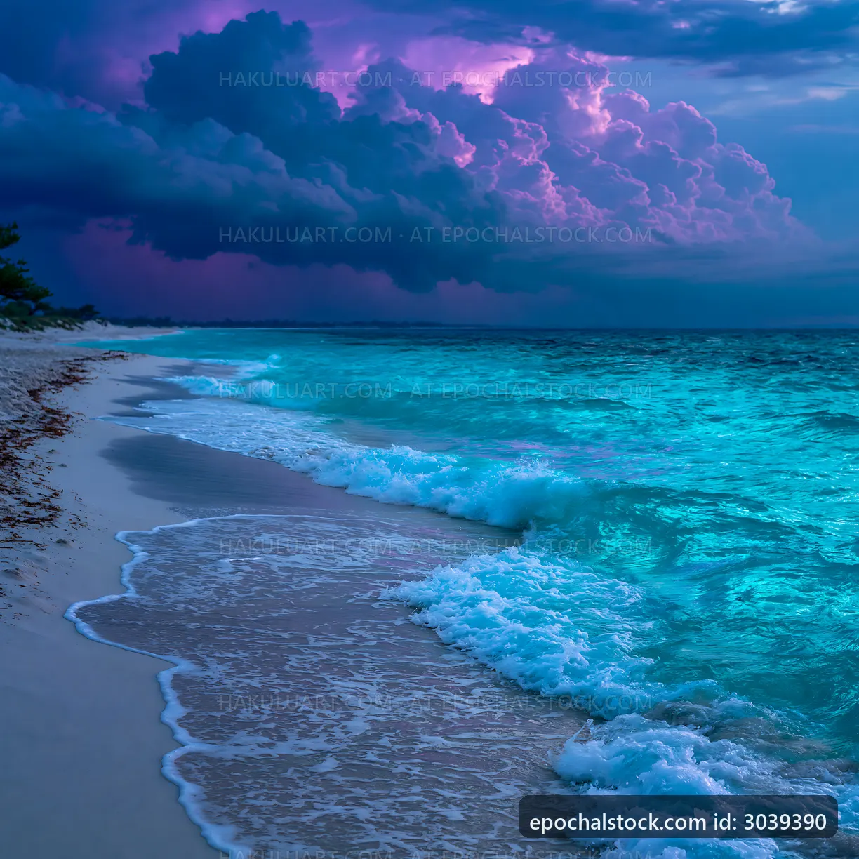 Clouds over ocean waves at dusk on a sandy beach