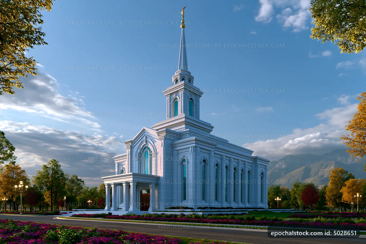 Modern church building with spire and clear blue sky