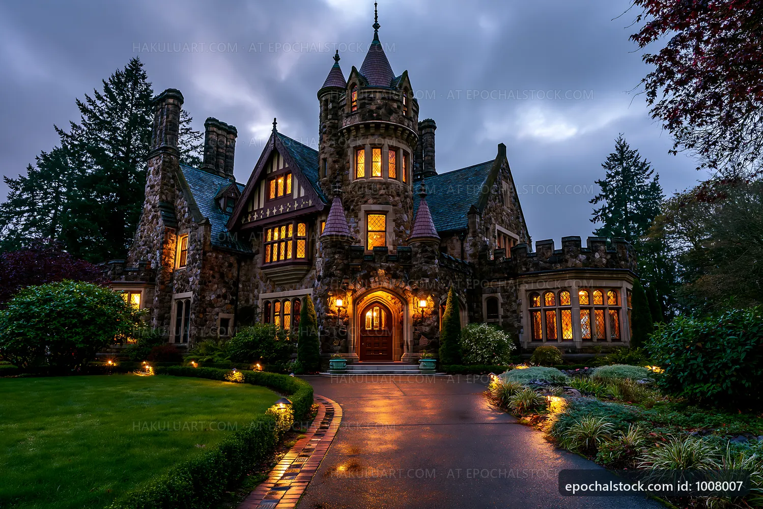 Historic stone castle with illuminated windows at dusk