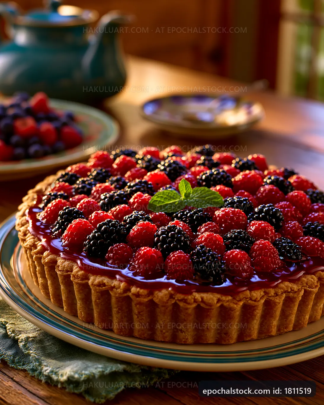 Berry tart with red and black fruits on a wooden table